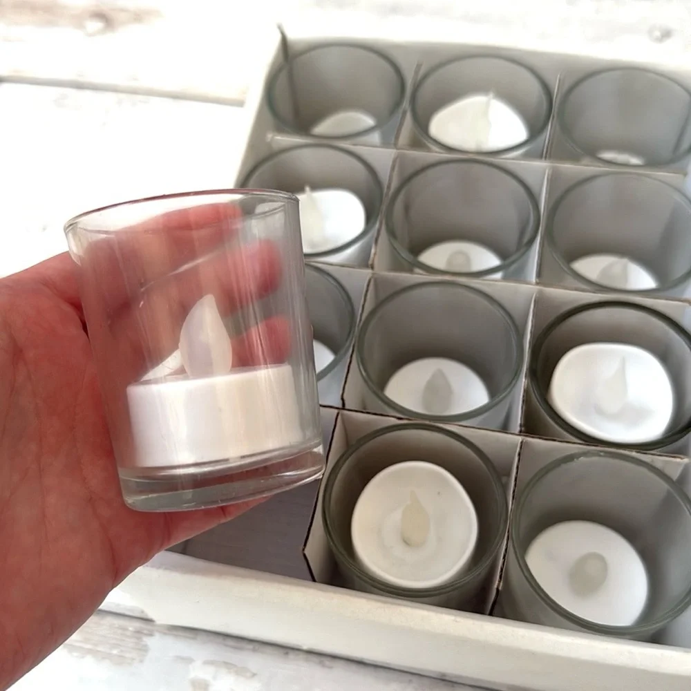 Set of 24 Flameless Tea Light Candles & Glass Cup Holders